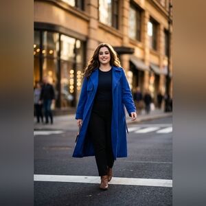 Size 14 Royal Blue 100% Wool  Long Trench Coat – Elegant Belted Women’s Coat